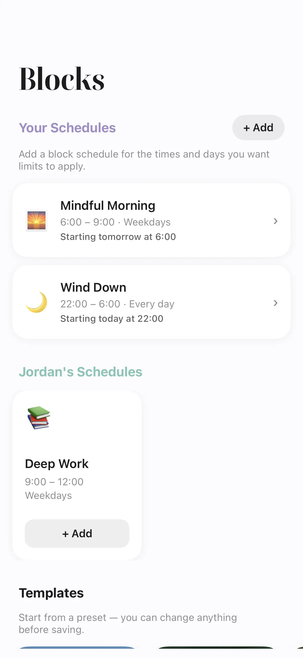 The Blocks tab: your own schedules for Mindful Morning and Wind Down above your scrollmate’s Deep Work schedule.