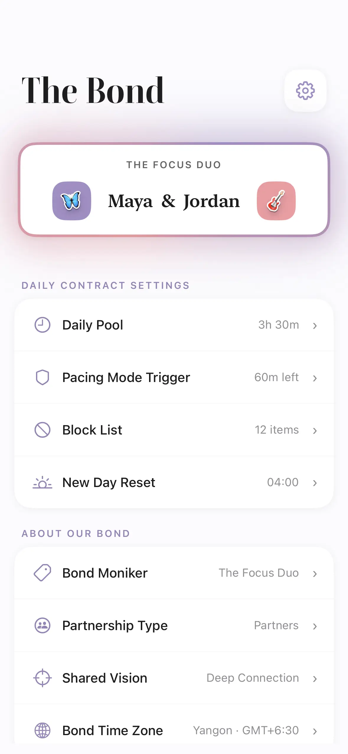 The Bond tab: a bond card naming Maya and Jordan above the daily contract settings for pool, pacing trigger, block list and new day reset.