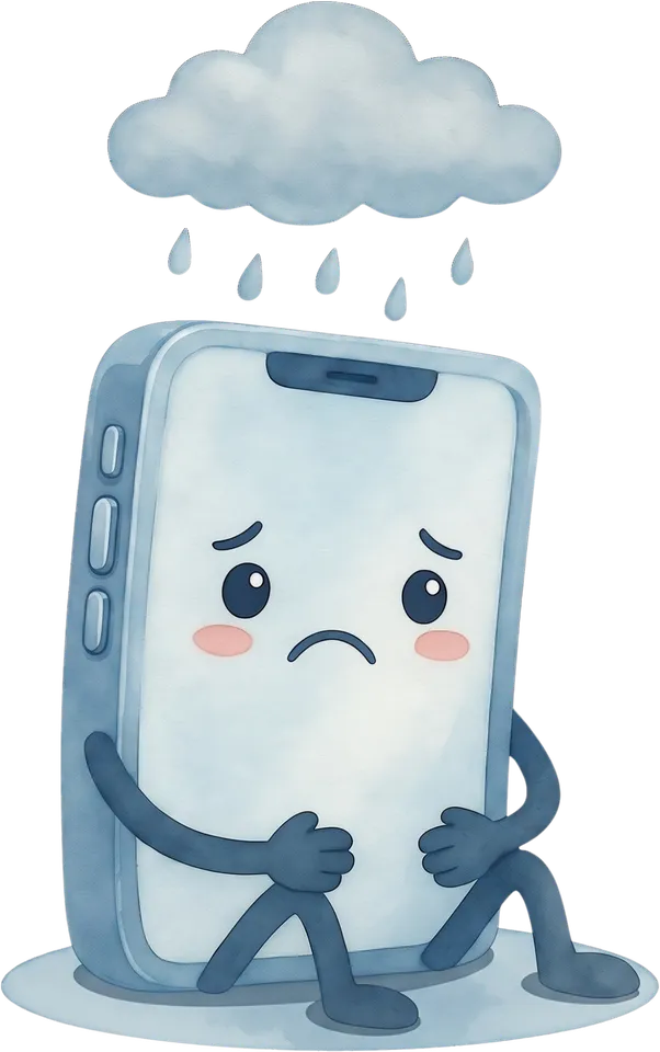 A watercolour phone character standing hunched under a rain cloud