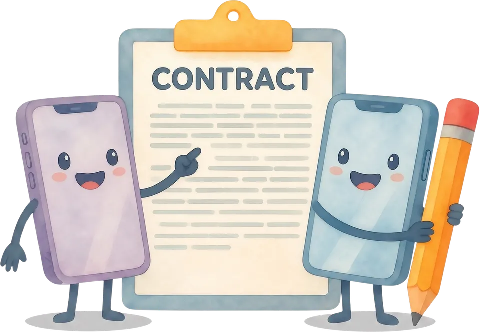 Two watercolour phone characters signing a contract together