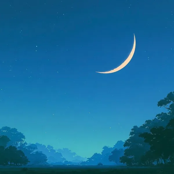 A thin crescent moon over dark treetops