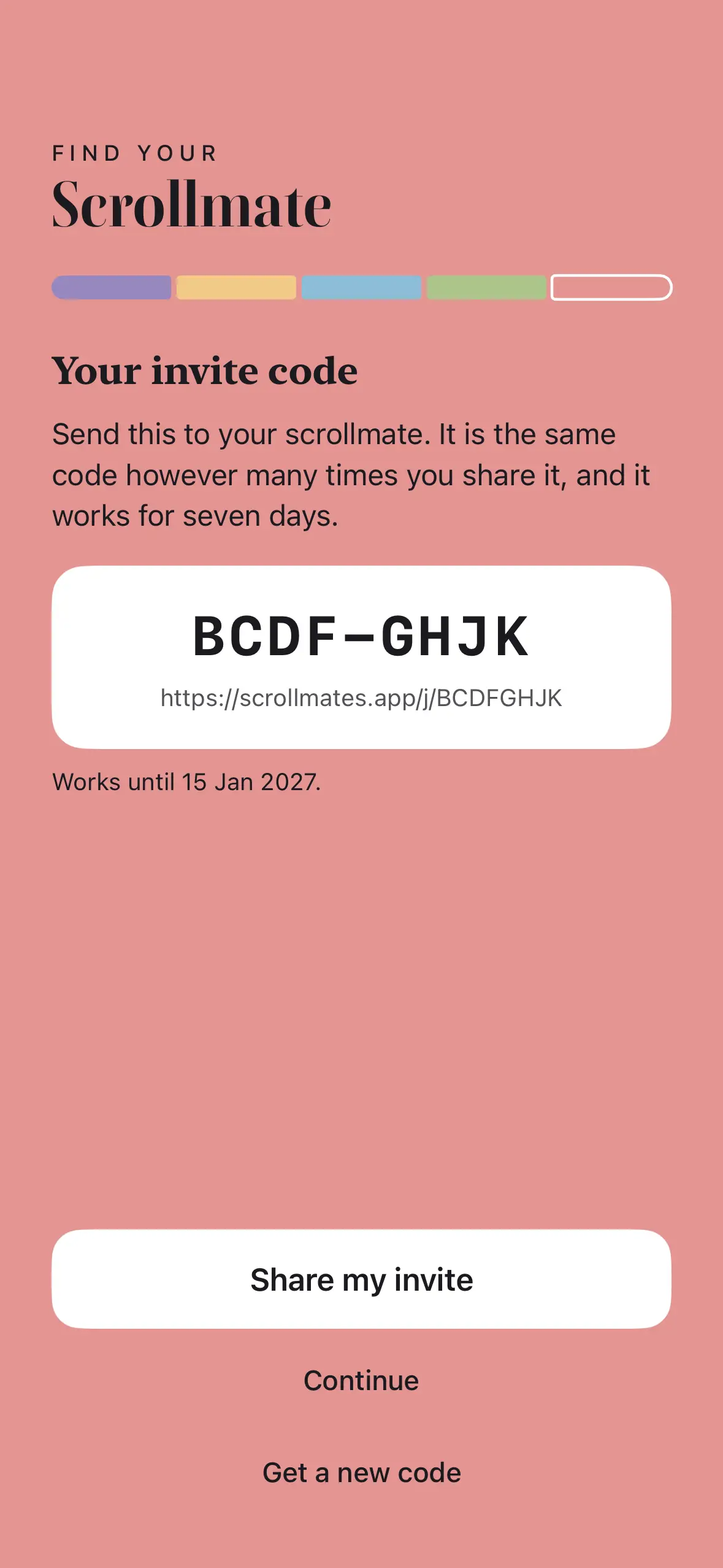 The invite screen showing the code BCDF-GHJK on a white card above its share link.