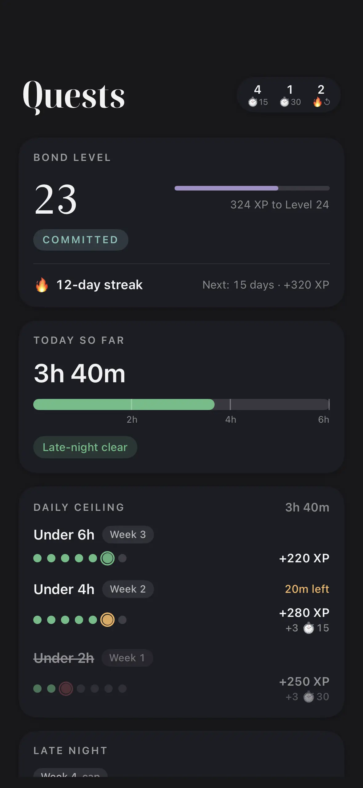 The Quests tab in dark mode: bond level 23, Committed, a 12-day streak, and the daily ceiling quests for under six, four and two hours.