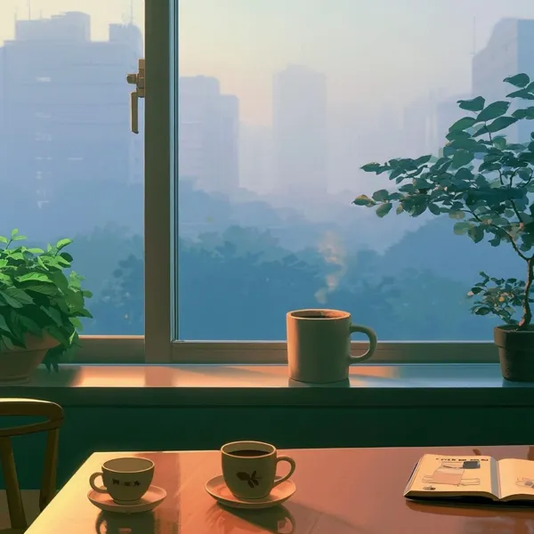 Two mugs on a windowsill table above a misty city