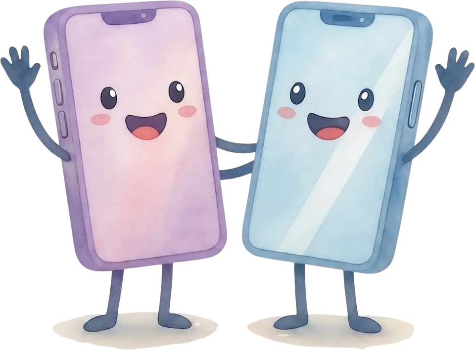 Two watercolour phone characters standing side by side with their arms raised