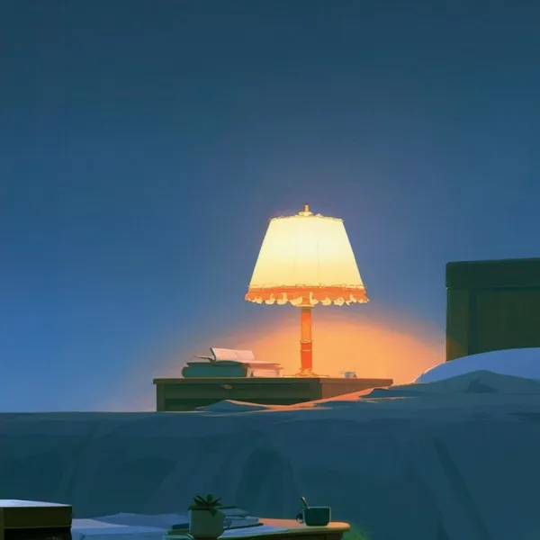 A lit bedside lamp beside a made bed at dusk
