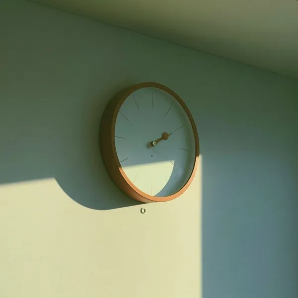 A round wall clock on a sunlit pale wall